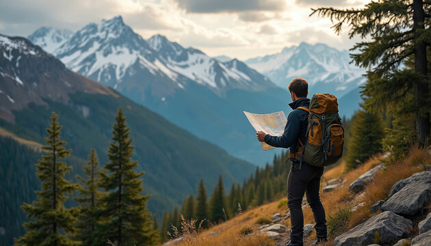 A man examines map during hike in mountains. Backpacker studies route for travel. Explorer with backpack planning trip on mountain trail. Adventure tourism exploration journey concept. - Powered by Adobe