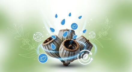 Fototapeta premium Eucalyptus Seed Pods Eco-Friendly Concept for Nature and Sustainability with Drops & Leaves