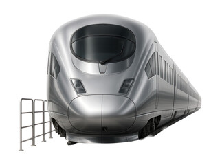 Streamlined silver express train on a platform with safety barriers.