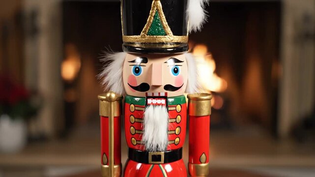 Traditional painted wooden nutcracker with fireplace background