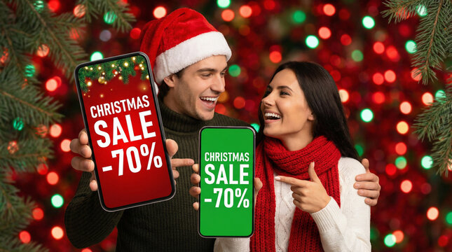 Happy couple in santa hat holding smartphones showing christmas sale seventy percent signs with colorful festive lights and fir branches background