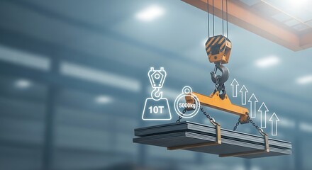 Digital innovation in heavy industry an automated overhead crane precisely lifting heavy steel plates, representing modern factory automation and material handling efficiency through smart technology