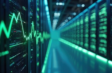 Fototapeta premium Server room with glowing servers and green graph on display. Data center with technological equipment, digital analysis, and complex systems operating.
