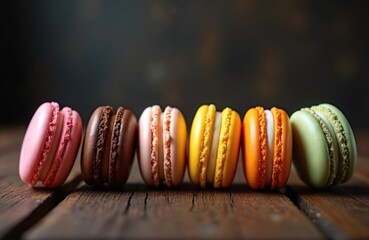 Six colorful French macarons sit in a row on a rustic wooden surface. Pink, chocolate, pale pink, yellow, orange and green meringue cookies with cream filling are arranged neatly for a sweet dessert.