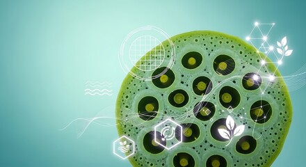 Biotechnology innovation concept featuring a lotus plant pod with scientific icons and network connections for natural product research and development