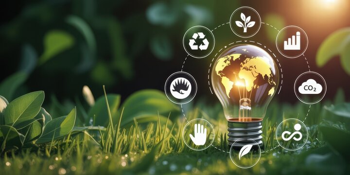 Sustainability in Bloom: A brilliant lightbulb illuminates the concept of global conservation and green energy. Surrounded by fresh greenery.