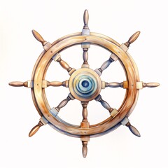 Watercolor painting of a vintage wooden ship wheel with a clear, neutral background