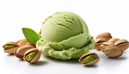 a single scoop of green pistachio ice cream surrounded by whole nuts on a white background