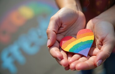 Childs hands hold rainbow heart drawn with chalk on sidewalk. Colorful pride symbol painted on pavement with bright lines of red, orange, yellow, green, blue, purple.