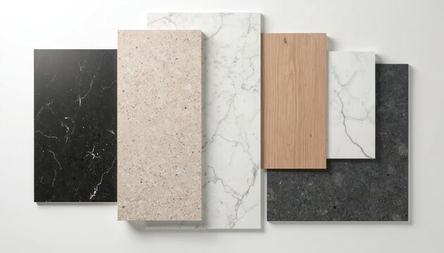 Top view shows interior materials samples. Quartz stone marble ash wood, quartzite on white surface. Concept for design solutions for house renovation. Finishing materials background for designers,