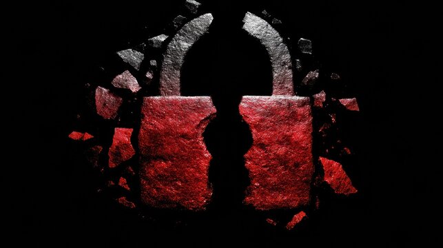Database Lock Symbols Shatter in Fragments During a Ransomware Attack Visual With Black and Red Aesthetic