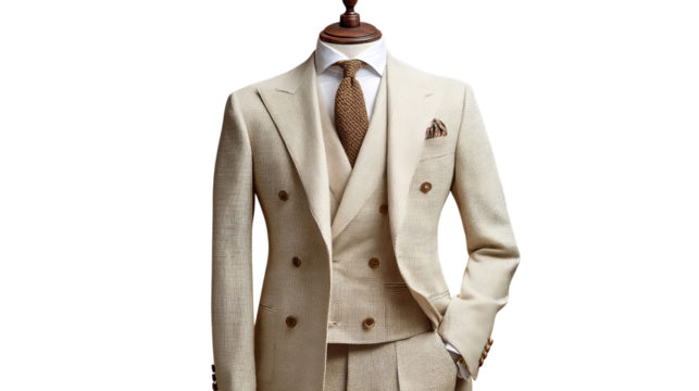 PNG of Elegant men's cream double-breasted suit displayed on a mannequin, showcasing sophistication and style.