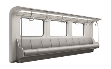 Single-level urban train with continuous bench seating and overhead handrails.