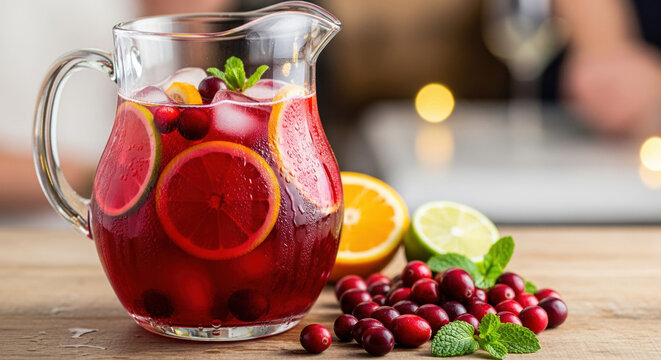 Refreshing cranberry punch in pitcher with slices of orange, lime, and fresh mint on wooden table. Cranberry punch includes juicy fruits and ice cubes, brightening any gathering.