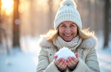 Happy senior woman holds fresh snow in hands smiling. Elderly lady wears warm hat scarf coat in winter park. Joyful female person enjoys wintertime fun outdoors