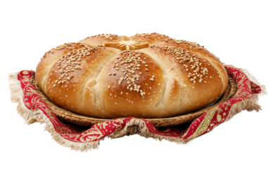 Greek Christopsomo bread with cross decoration and sesame seeds for traditional holiday celebration isolated on transparent background PNG