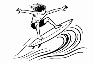 Minimalist black and white line drawing of a surfer airborne above a stylized wave, capturing motion, speed, and dynamic coastal energy.