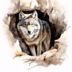 Fototapeta premium Captivating wolf emerges from its den in a watercolor style illustration