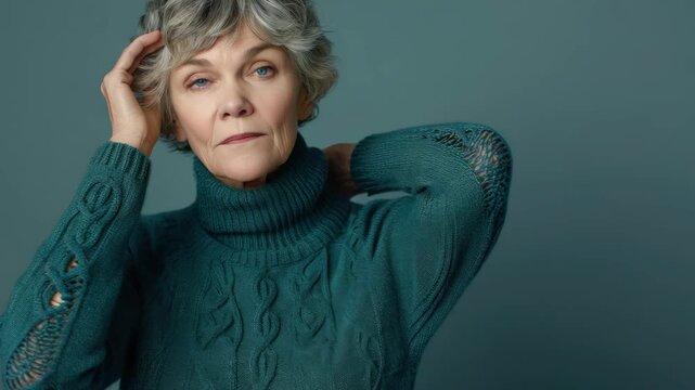 A woman wearing a blue sweater with a lace pattern. She is looking at the camera. Her hair is gray