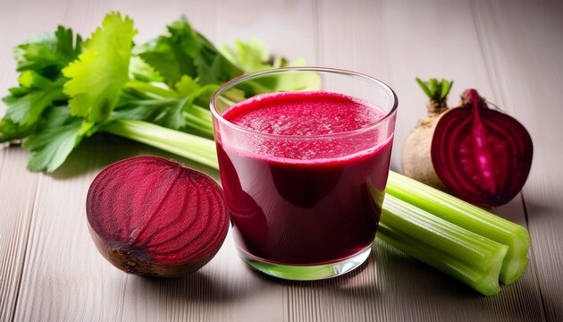 vibrant beetroot and celery juice in glass with fresh slices
