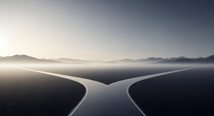 Decision Split Paths
“Single road splitting into two smooth paths on a minimal landscape, soft gradients and fog, conceptual business choice, no text.”