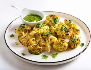 golden roasted cauliflower florets topped with vibrant green pesto sauce on a white plate
