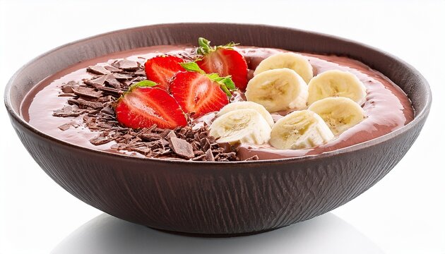 delicious fruit smoothie bowl with banana strawberry almonds and chocolate shavings isolated on a white background - Powered by Adobe