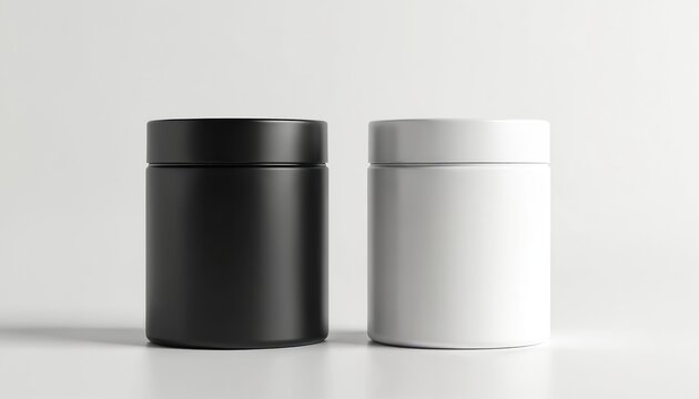Black and white cylindrical containers placed side by side. Mockup shows blank product packaging for various powders or supplements. Simple design with minimalist aesthetic suitable for branding.