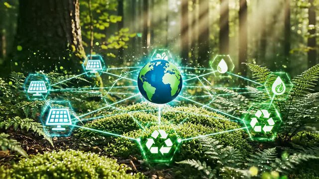 Majestic green plant with a picture of a globe surrounded by lush green leaves, situated on a moss covered hill amidst a serene woodland setting, effectively conveying the concept of ecological.