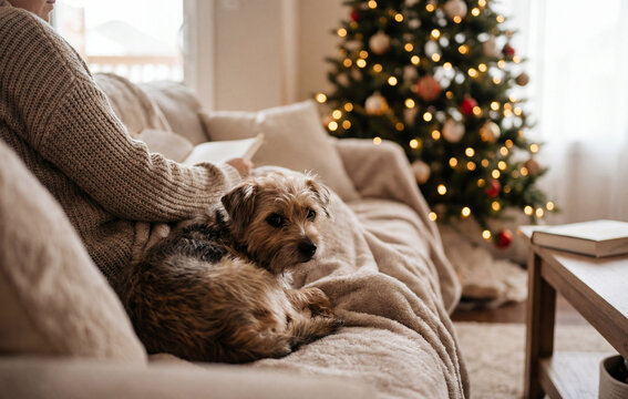 Small dog resting on sofa near Christmas tree