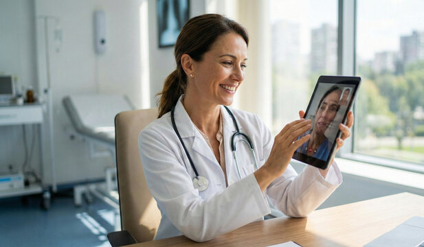 Doctora amable realizando una videollamada con una tablet en un consultorio m&eacute;dico moderno.
