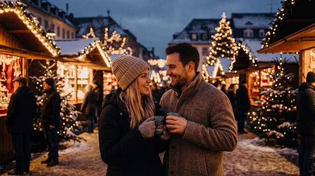 Couple enjoying hot drinks at outdoor Christmas market