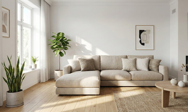 Fototapeta Interior de sala de estar minimalista estilo escandinavo con sofá beige y luz natural.
