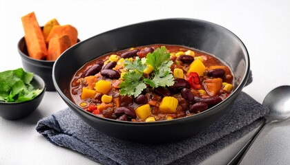 hearty vegan chili with black beans corn sweet potato and cilantro in a black bowl on white