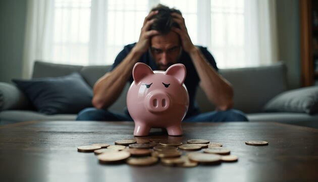 Man holds head in despair over coins and sad piggy bank. Financial stress and money problems cause worry. Person faces economic hardship, budget crisis, or debt. - Powered by Adobe