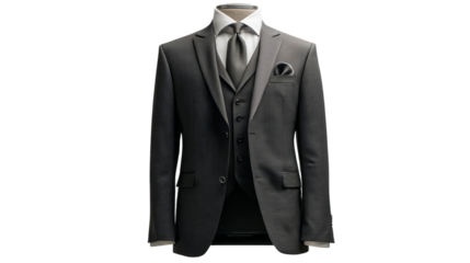 PNG of Elegant grey men's suit with a classic tie and pocket square, perfect for formal occasions.
