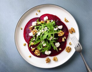 beetroot carpaccio salad with fresh arugula feta cheese and walnuts on a white plate