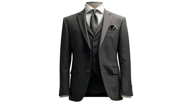 PNG of Elegant grey men's suit with a classic tie and pocket square, perfect for formal occasions.