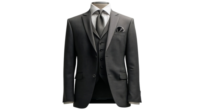 PNG of Elegant grey men's suit with a classic tie and pocket square, perfect for formal occasions.