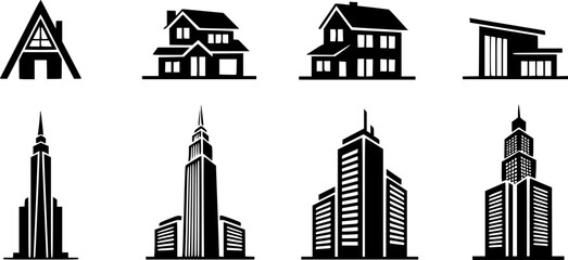 Obraz premium Minimalist Collection Of Black House And Skyscraper Icons 