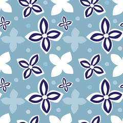 A seamless vector illustration of a blue background adorned with white and navy blue floral patterns and light blue dots