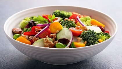 colorful vegetable salad with grains in white bowl