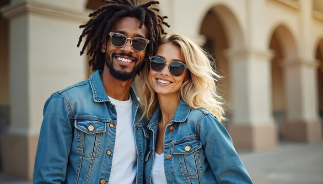 Young diverse couple wears denim jackets and sunglasses. They smile and pose outdoors, conveying happiness and urban style. Casual friends enjoy warm sunny day together.
