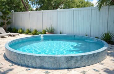 Round swimming pool with bright blue water. Small mosaic tiles outline pool edge. Backyard shows white vinyl fence, green tropical plants, comfy sun loungers. Home garden offers summer relaxation,
