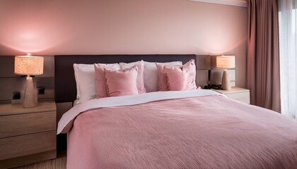 comfortable hotel bedroom featuring a neatly made bed with pink pillows and a dresser