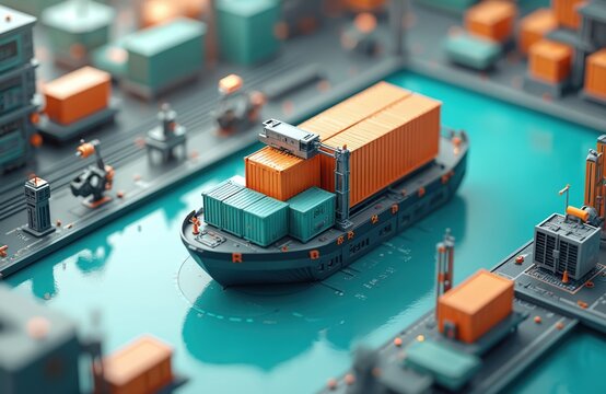 Futuristic port with cargo ship loaded with orange, teal containers. Robotic crane on deck actively transfers freight. Automated terminal facilities efficiently manage global shipping, logistics - Powered by Adobe
