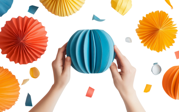 Artist carefully creating decorative paper lanterns by hand in a workshop setting for cultural and festive celebrations isolated on transparent background PNG