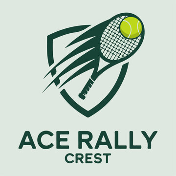 Ace Rally Crest tennis shield with fast racquet and ball, modern court sport logo badge vector for clubs, coaching and tournament branding