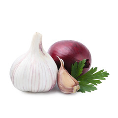 Garlic, onion and parsley isolated on white