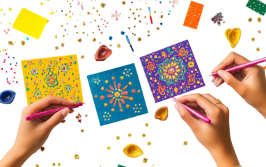 Artist designing and drawing Diwali greeting cards by hand with markers highlighting vibrant colors and cultural motifs isolated on transparent background PNG